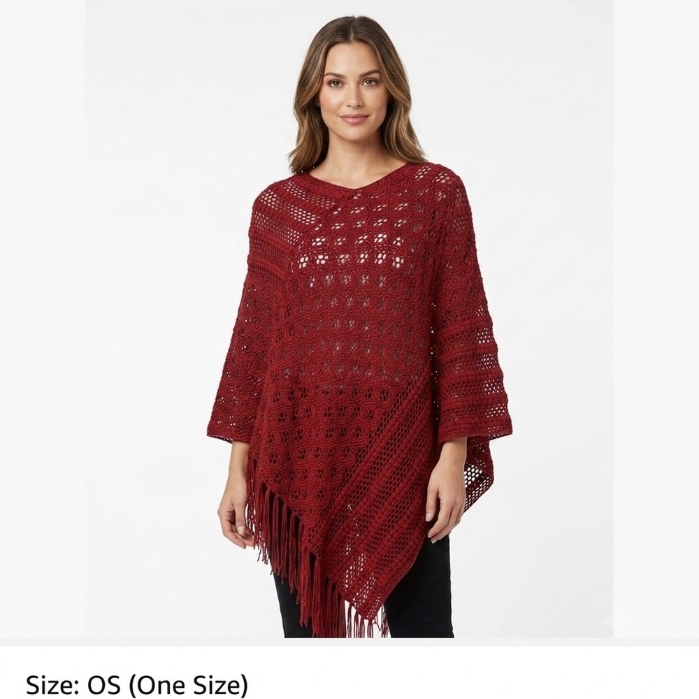 Women's Red Crochet Fringe Poncho Sweater OS